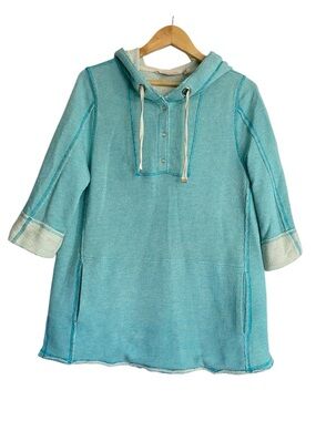 Soft Surroundings Turquoise Teal Hooded Pullover Cotton Poncho